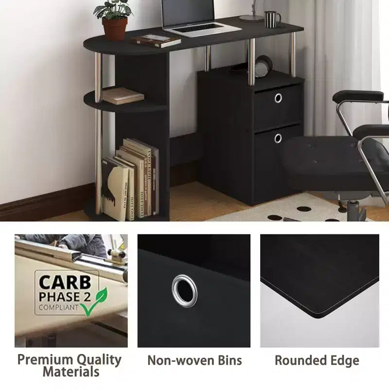 Simplistic Computer Desk Study Writing Workstation w/ Side Shelf & 2 Storage Bins