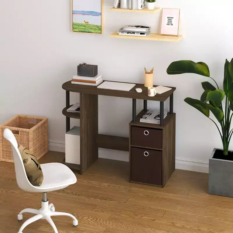 Simplistic Computer Desk Study Writing Workstation w/ Side Shelf & 2 Storage Bins