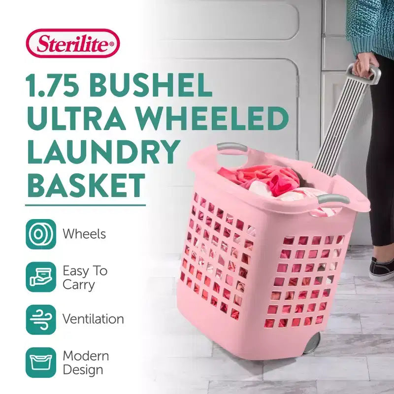 Wheeled Laundry Basket, 1.7 Bushel with Handles, Pink, 4 Pack