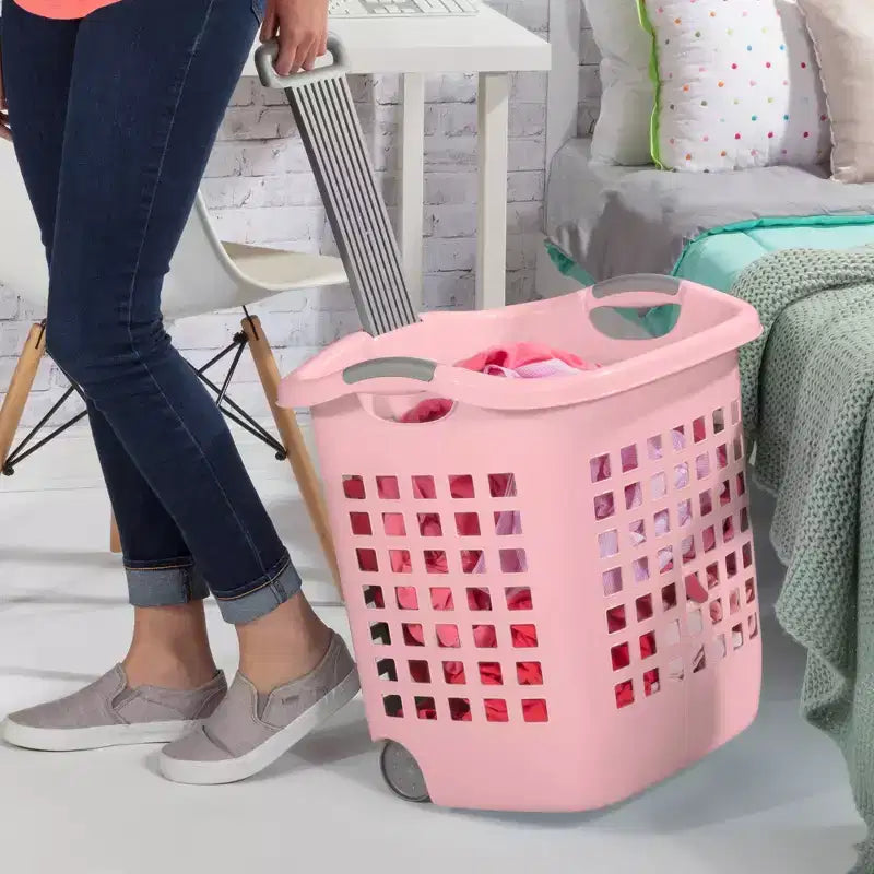 Wheeled Laundry Basket, 1.7 Bushel with Handles, Pink, 4 Pack