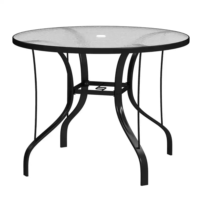 38 Round Patio Table with Umbrella Hole, Tempered Glass Outdoor Dining Table