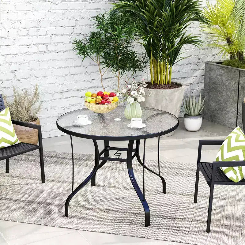 38 Round Patio Table with Umbrella Hole, Tempered Glass Outdoor Dining Table