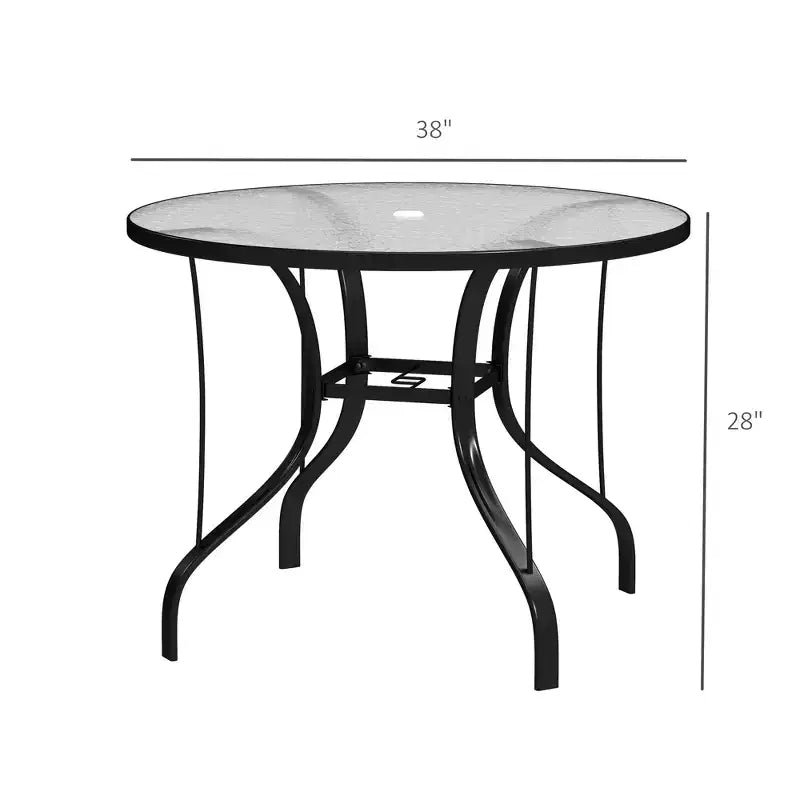 38 Round Patio Table with Umbrella Hole, Tempered Glass Outdoor Dining Table