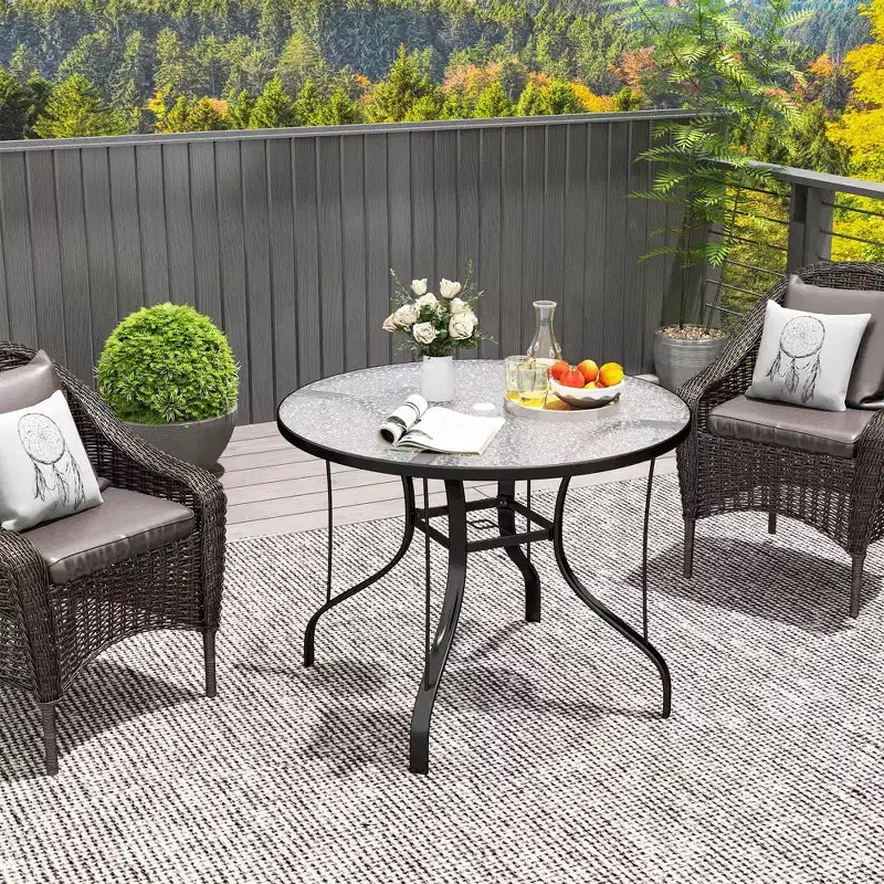 38 Round Patio Table with Umbrella Hole, Tempered Glass Outdoor Dining Table
