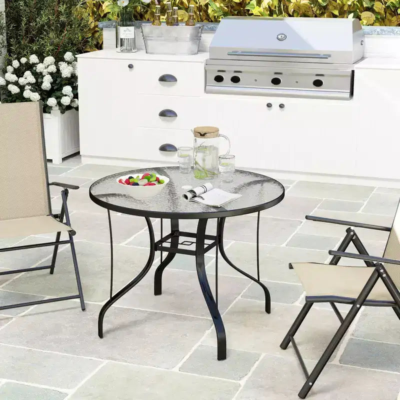 38 Round Patio Table with Umbrella Hole, Tempered Glass Outdoor Dining Table