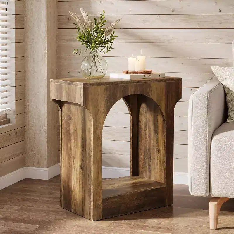 Lantine Wood End Side Table with Storage Space for Living Room, Narrow Nightstand for Bedroom, Brown