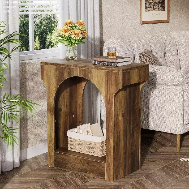 Lantine Wood End Side Table with Storage Space for Living Room, Narrow Nightstand for Bedroom, Brown