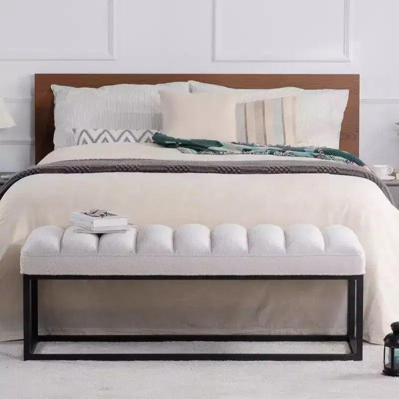 54 Inch Upholstered PU Leather Bench with Metal Base, Modern Entryway Bench for Bedroom & Living Room