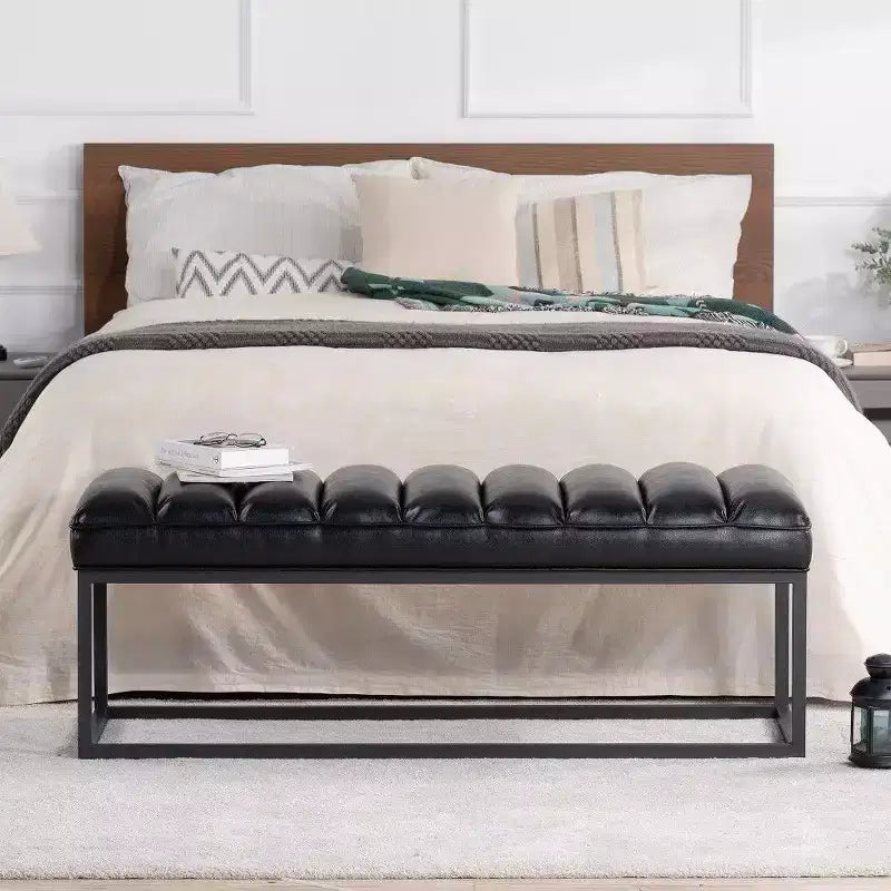 54 Inch Upholstered PU Leather Bench with Metal Base, Modern Entryway Bench for Bedroom & Living Room