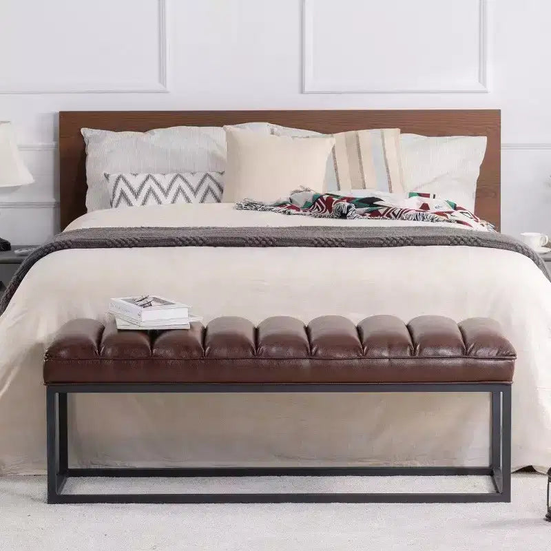 54 Inch Upholstered PU Leather Bench with Metal Base, Modern Entryway Bench for Bedroom & Living Room