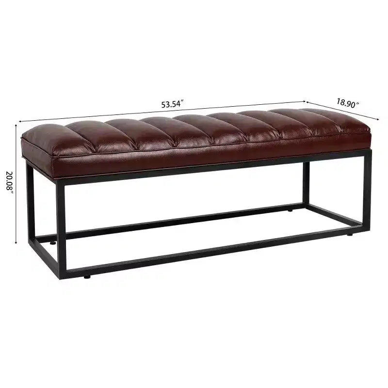 54 Inch Upholstered PU Leather Bench with Metal Base, Modern Entryway Bench for Bedroom & Living Room