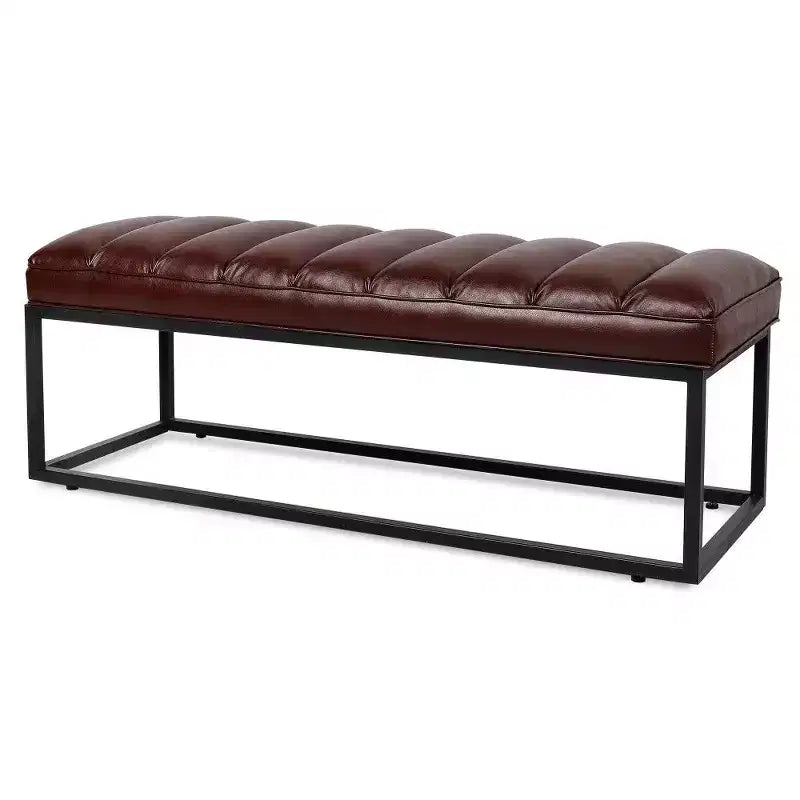 54 Inch Upholstered PU Leather Bench with Metal Base, Modern Entryway Bench for Bedroom & Living Room