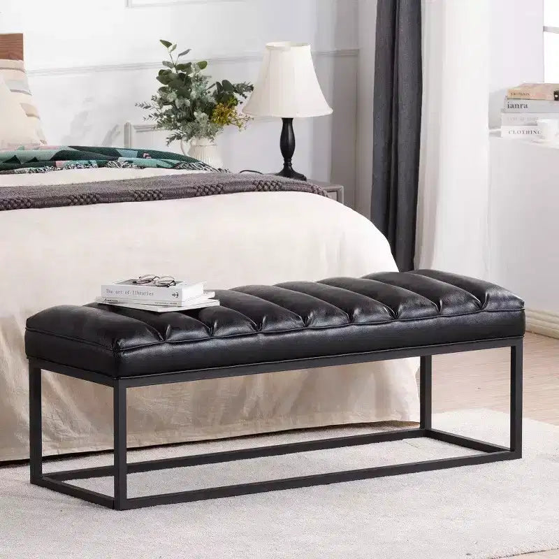 TUYOHW 54 Inch Upholstered PU Leather Bench with Metal Base,Modern Entryway Bench for Bedroom Living Room