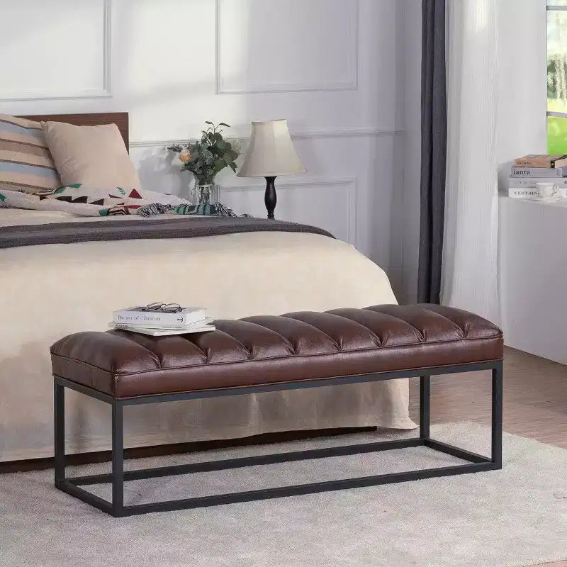 54 Inch Upholstered PU Leather Bench with Metal Base, Modern Entryway Bench for Bedroom & Living Room