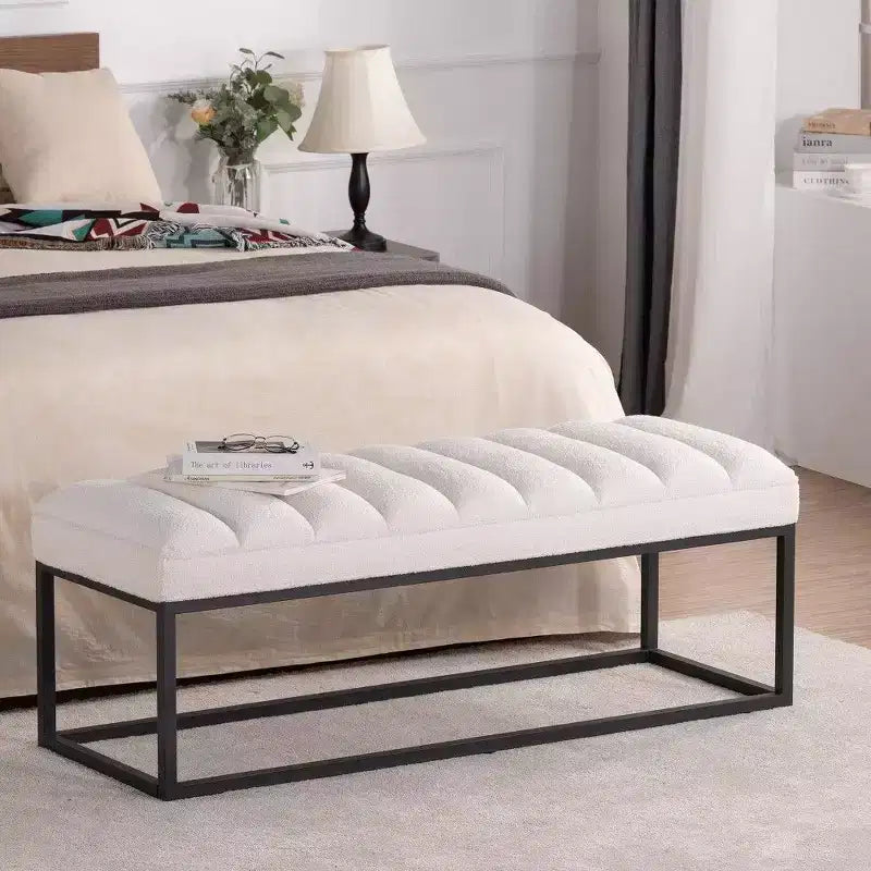 54 Inch Upholstered PU Leather Bench with Metal Base, Modern Entryway Bench for Bedroom & Living Room