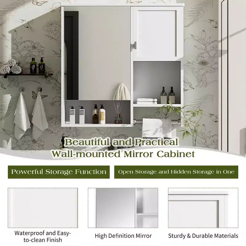 40 Medicine Cabinet with Mirror, Bathroom Storage Cabinet with Mirror Door Shelves Glass Door for Bathroom White