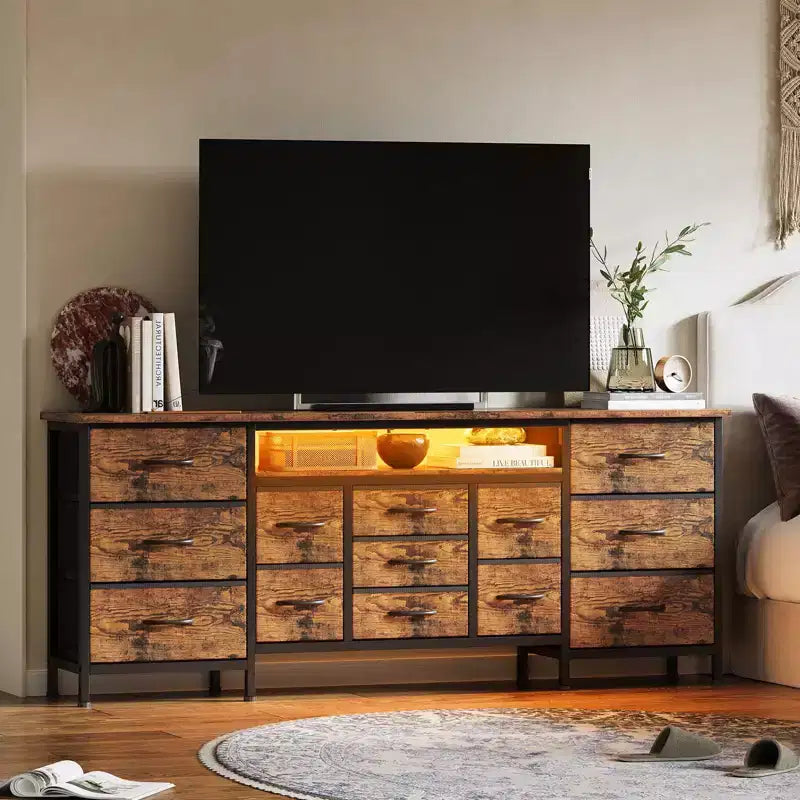 70-Inch Long Dresser TV Stand with 13 Fabric Drawers, Power Outlets & LED Lights