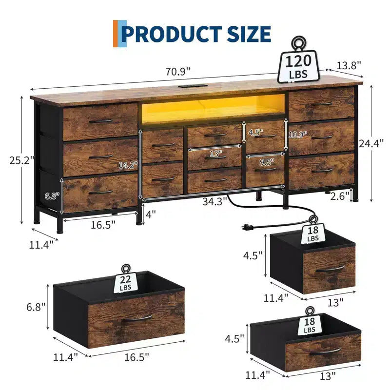 70-Inch Long Dresser TV Stand with 13 Fabric Drawers, Power Outlets & LED Lights