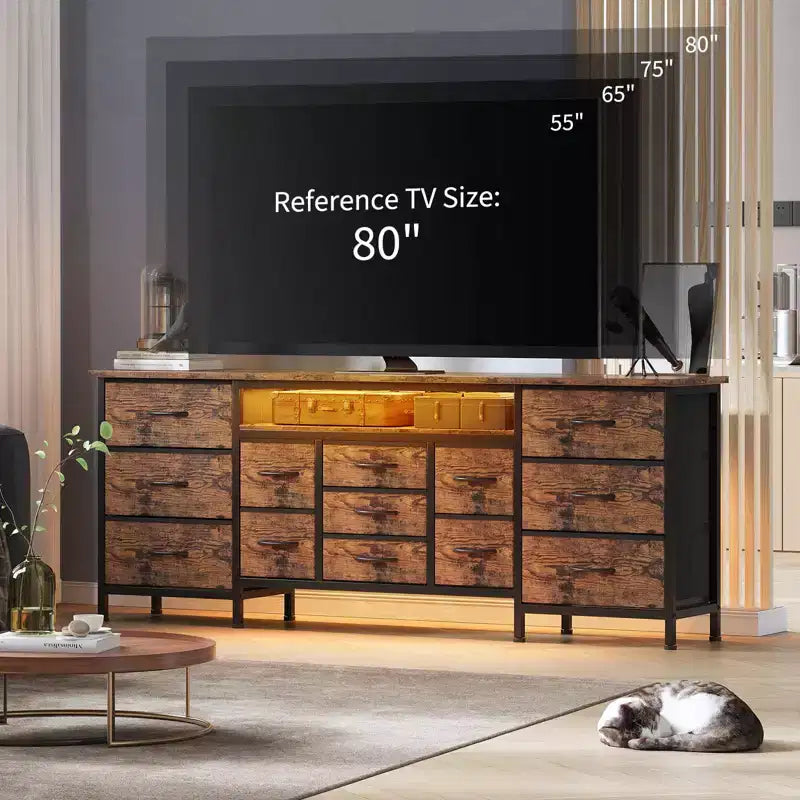70-Inch Long Dresser TV Stand with 13 Fabric Drawers, Power Outlets & LED Lights