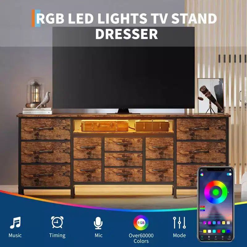 70-Inch Long Dresser TV Stand with 13 Fabric Drawers, Power Outlets & LED Lights
