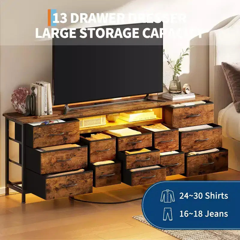 70-Inch Long Dresser TV Stand with 13 Fabric Drawers, Power Outlets & LED Lights