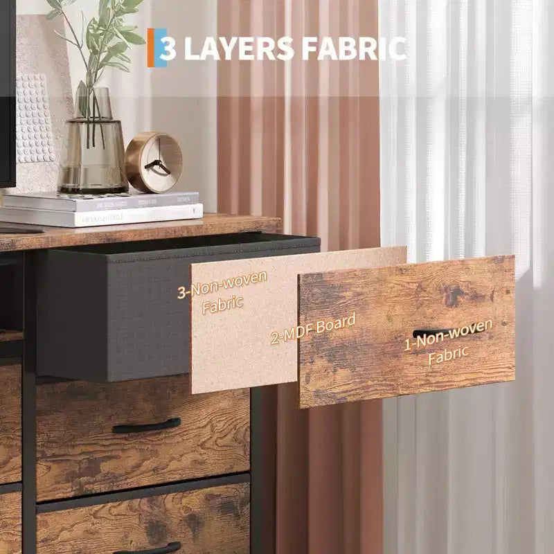 70-Inch Long Dresser TV Stand with 13 Fabric Drawers, Power Outlets & LED Lights