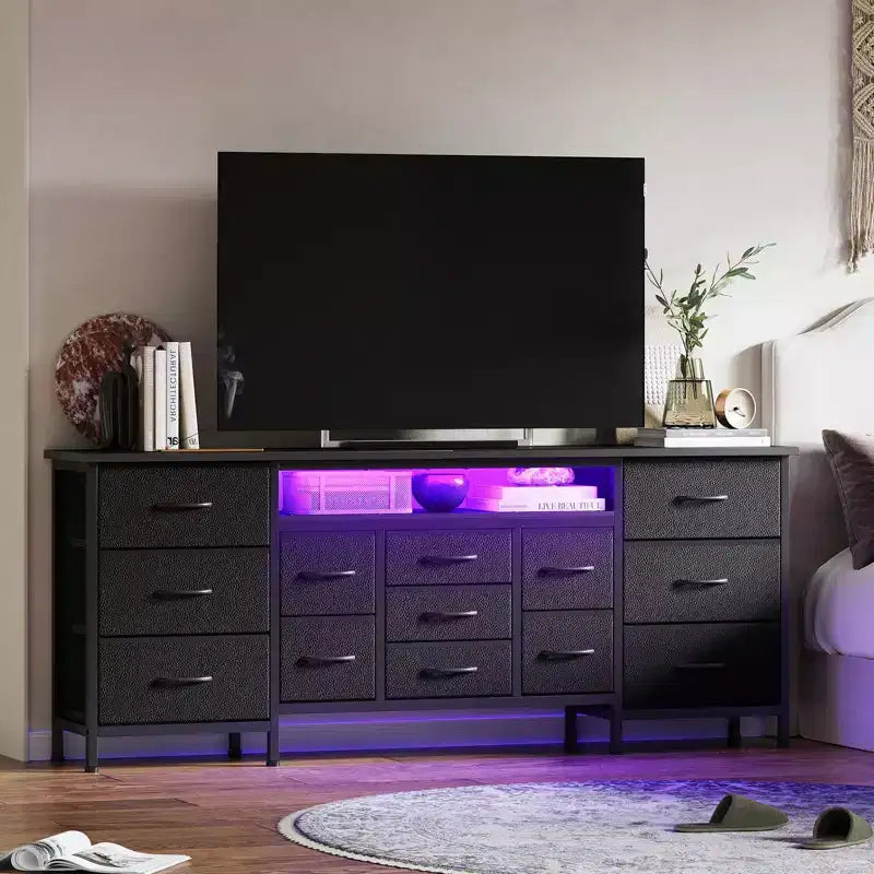 70-Inch Long Dresser TV Stand with 13 Fabric Drawers, Power Outlets & LED Lights