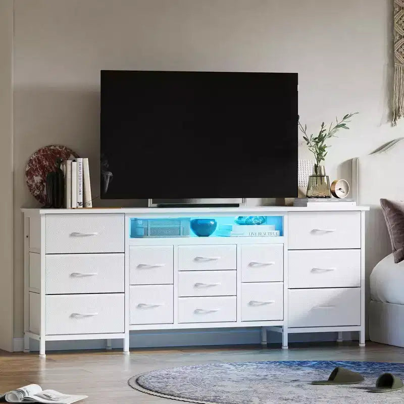 70-Inch Long Dresser TV Stand with 13 Fabric Drawers, Power Outlets & LED Lights