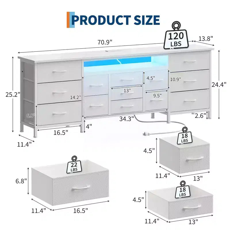 70-Inch Long Dresser TV Stand with 13 Fabric Drawers, Power Outlets & LED Lights