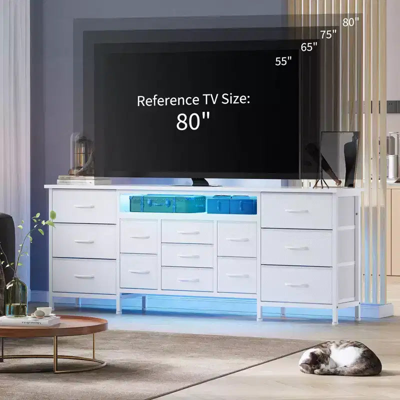 70-Inch Long Dresser TV Stand with 13 Fabric Drawers, Power Outlets & LED Lights