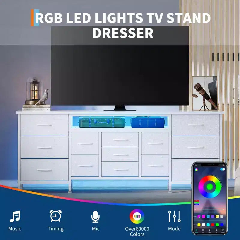 70-Inch Long Dresser TV Stand with 13 Fabric Drawers, Power Outlets & LED Lights