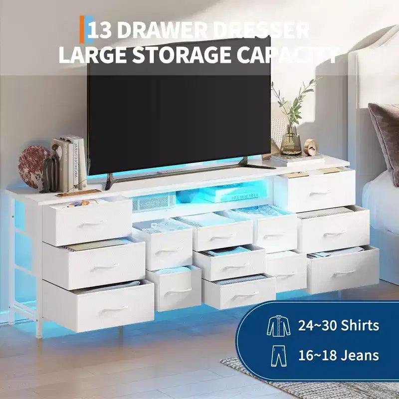 70-Inch Long Dresser TV Stand with 13 Fabric Drawers, Power Outlets & LED Lights