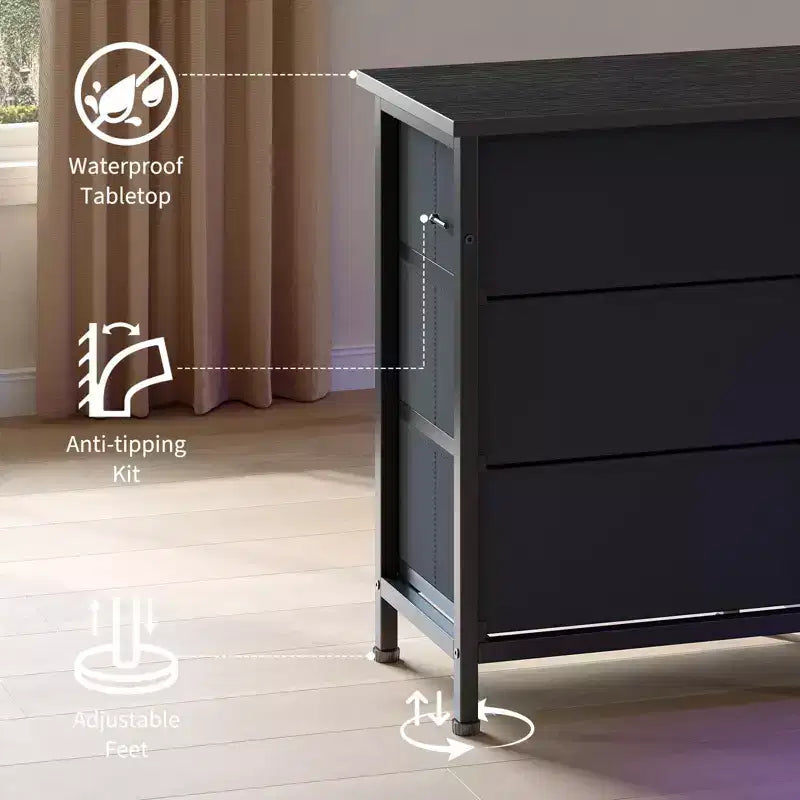 70-Inch Long Dresser TV Stand with 13 Fabric Drawers, Power Outlets & LED Lights