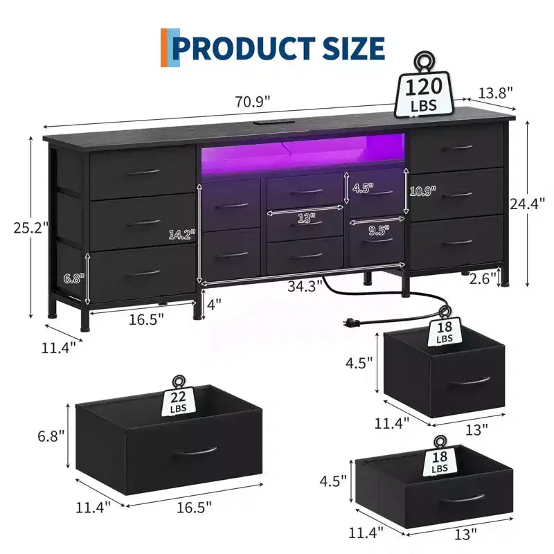 70-Inch Long Dresser TV Stand with 13 Fabric Drawers, Power Outlets & LED Lights