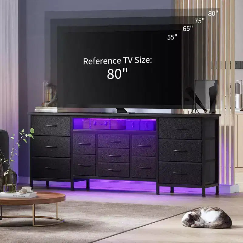 70-Inch Long Dresser TV Stand with 13 Fabric Drawers, Power Outlets & LED Lights