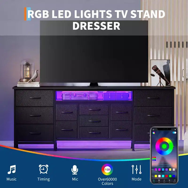 70-Inch Long Dresser TV Stand with 13 Fabric Drawers, Power Outlets & LED Lights