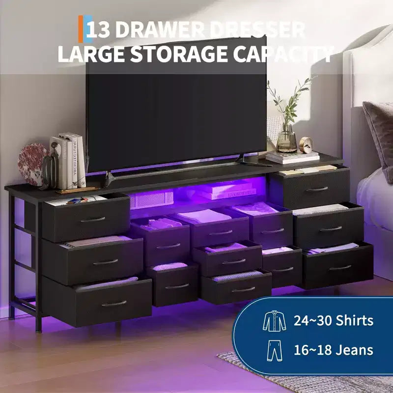 70-Inch Long Dresser TV Stand with 13 Fabric Drawers, Power Outlets & LED Lights