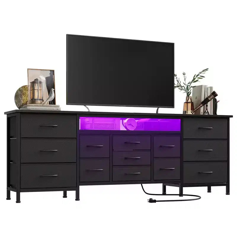 70 Inch Long Dresser TV Stand for 65, 75, 80 Inch TV, Wide 13 Chest of Fabric Drawers Dresser & Power Outlets and LED Lights for Bedroom