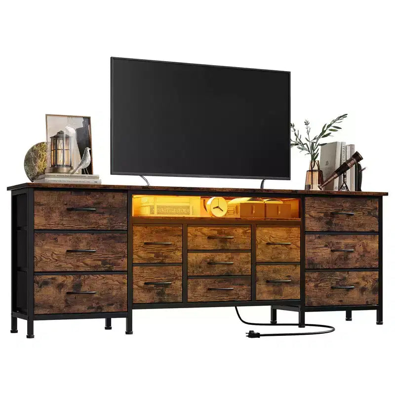 70-Inch Long Dresser TV Stand with 13 Fabric Drawers, Power Outlets & LED Lights