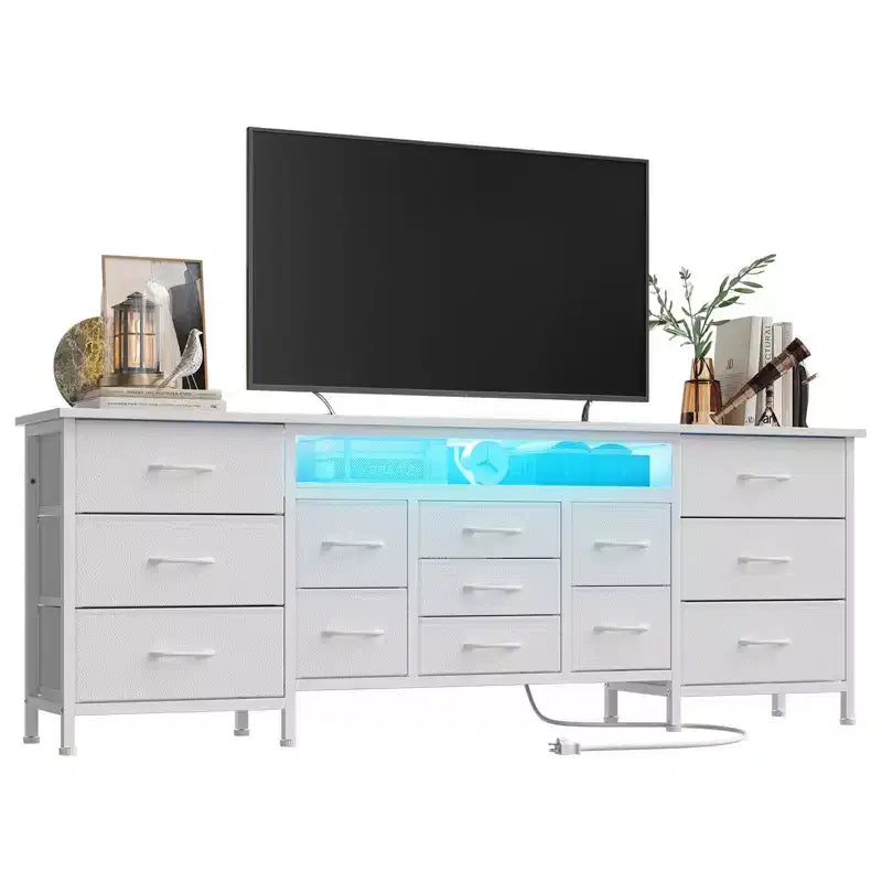 70-Inch Long Dresser TV Stand with 13 Fabric Drawers, Power Outlets & LED Lights