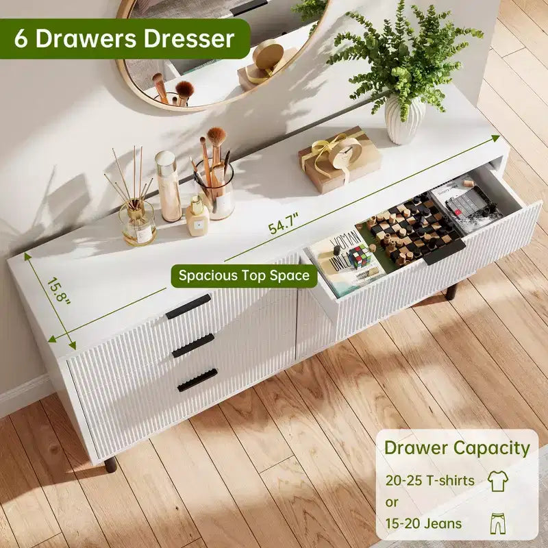 Fluted 6-Drawer Double Dresser with Metal Legs & Handles