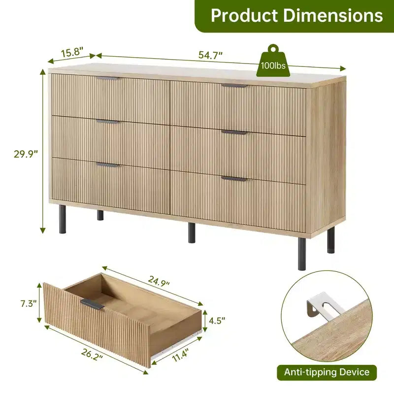 Fluted 6-Drawer Double Dresser with Metal Legs & Handles