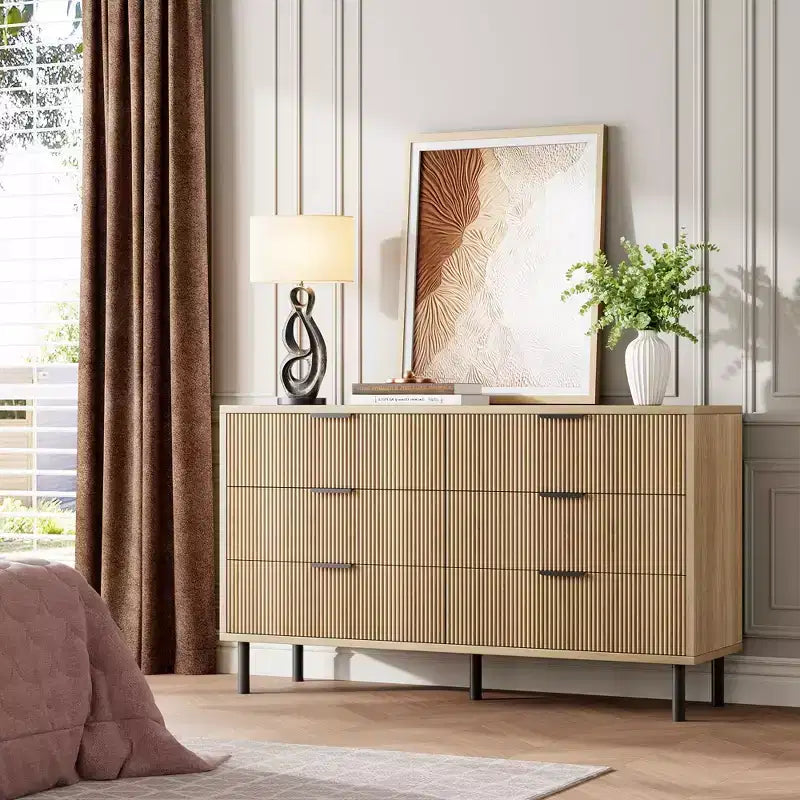 Fluted 6-Drawer Double Dresser with Metal Legs & Handles