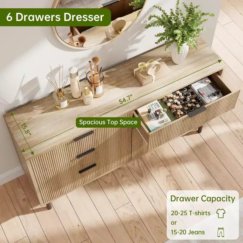 Fluted 6-Drawer Double Dresser with Metal Legs & Handles