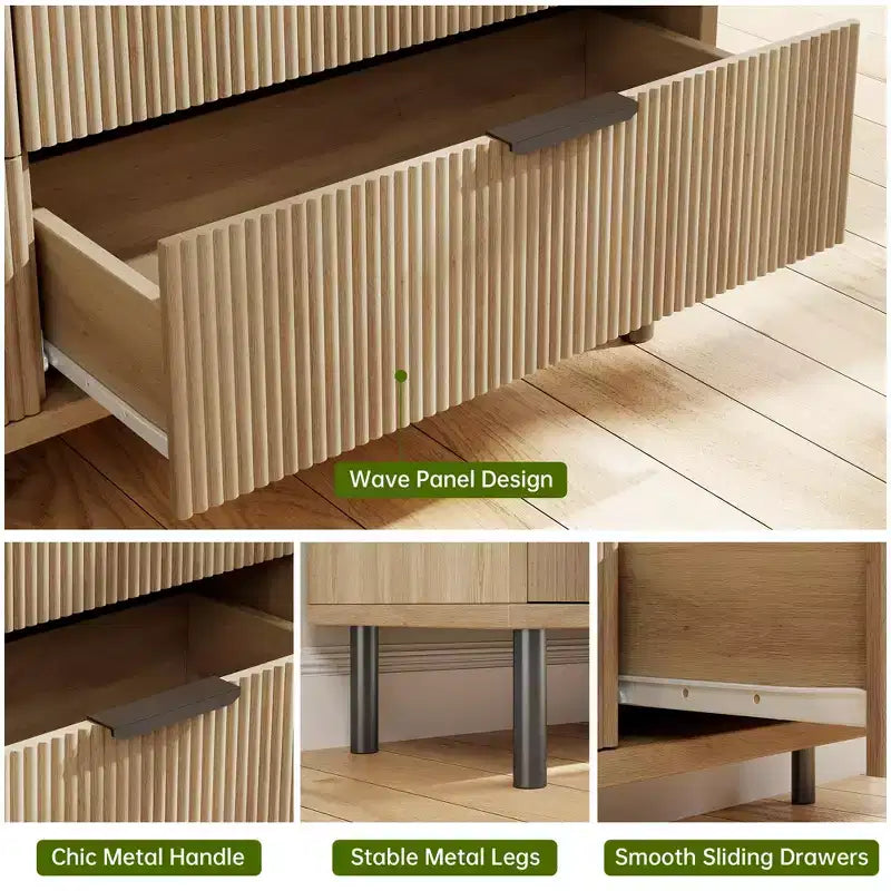 Fluted 6-Drawer Double Dresser with Metal Legs & Handles