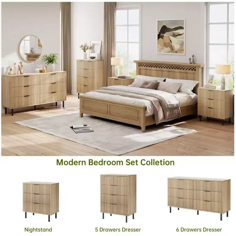 Fluted 6-Drawer Double Dresser with Metal Legs & Handles