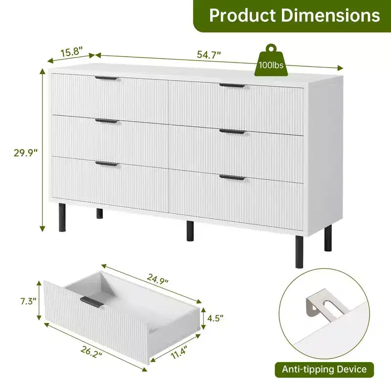 Fluted 6-Drawer Double Dresser with Metal Legs & Handles