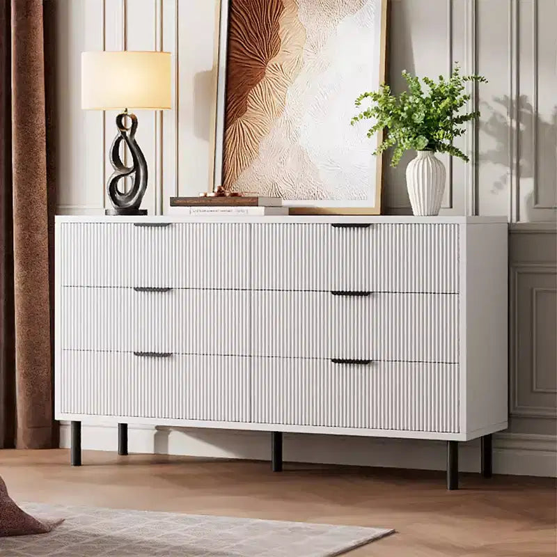 Fluted 6-Drawer Double Dresser with Metal Legs & Handles