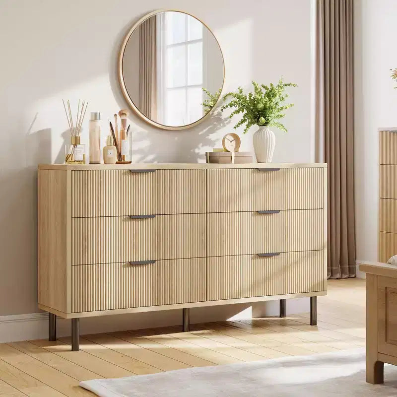 Fluted 6-Drawer Double Dresser with Metal Legs & Handles | Modern Wide Wood Chest, Anti-Tipping Design for Bedroom, Living Room & Hallway