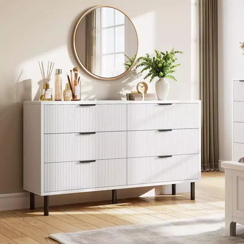 Fluted 6-Drawer Double Dresser with Metal Legs & Handles